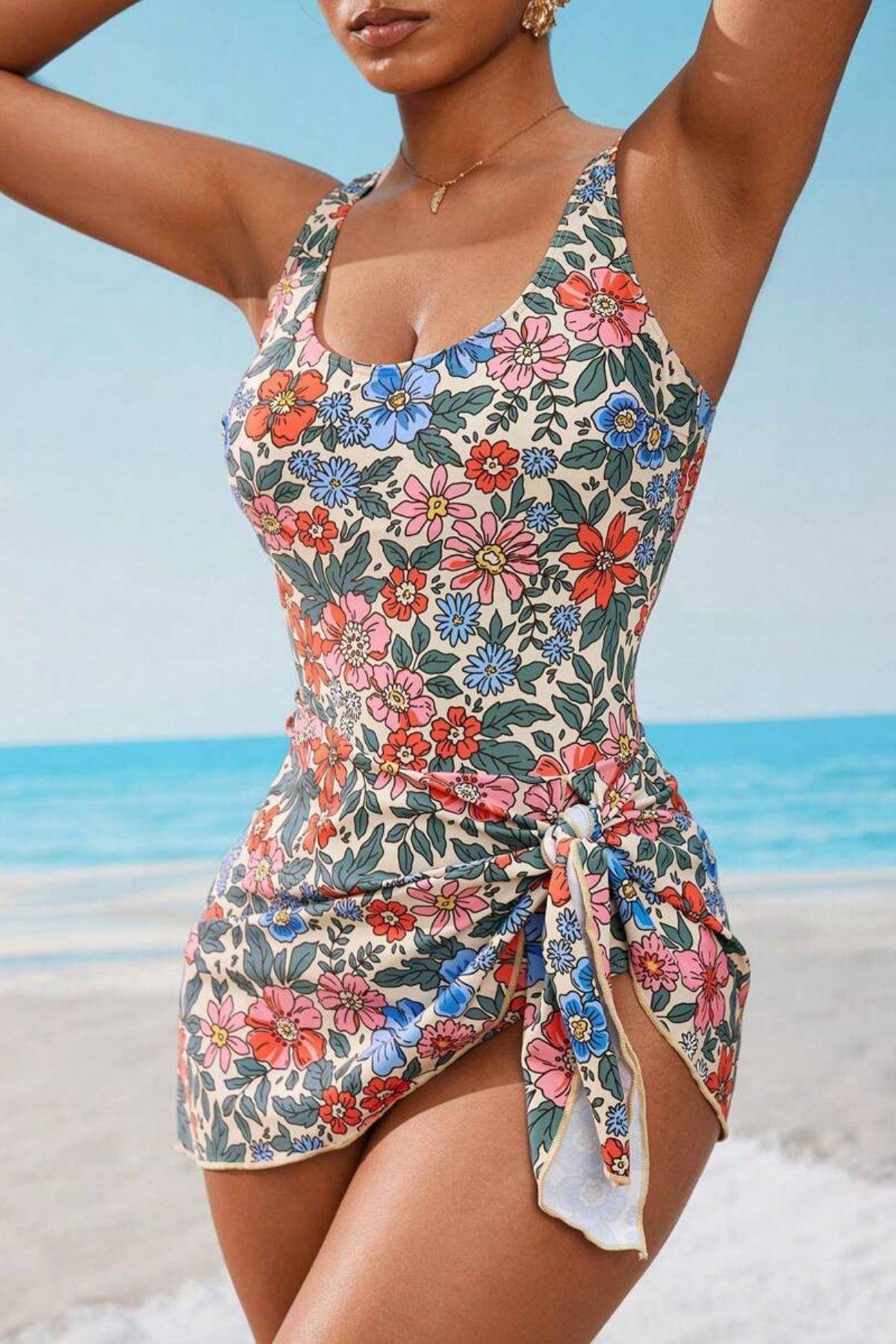 Çok Renkli Hibiskus Desenli U Yaka Kadın Mayo Bella Notte M-9025 - Çok Renkli